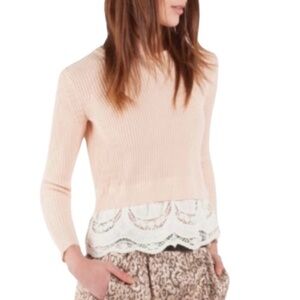 Maje Emiline Lace Trimmed Crewneck Sweater in Blush Pink